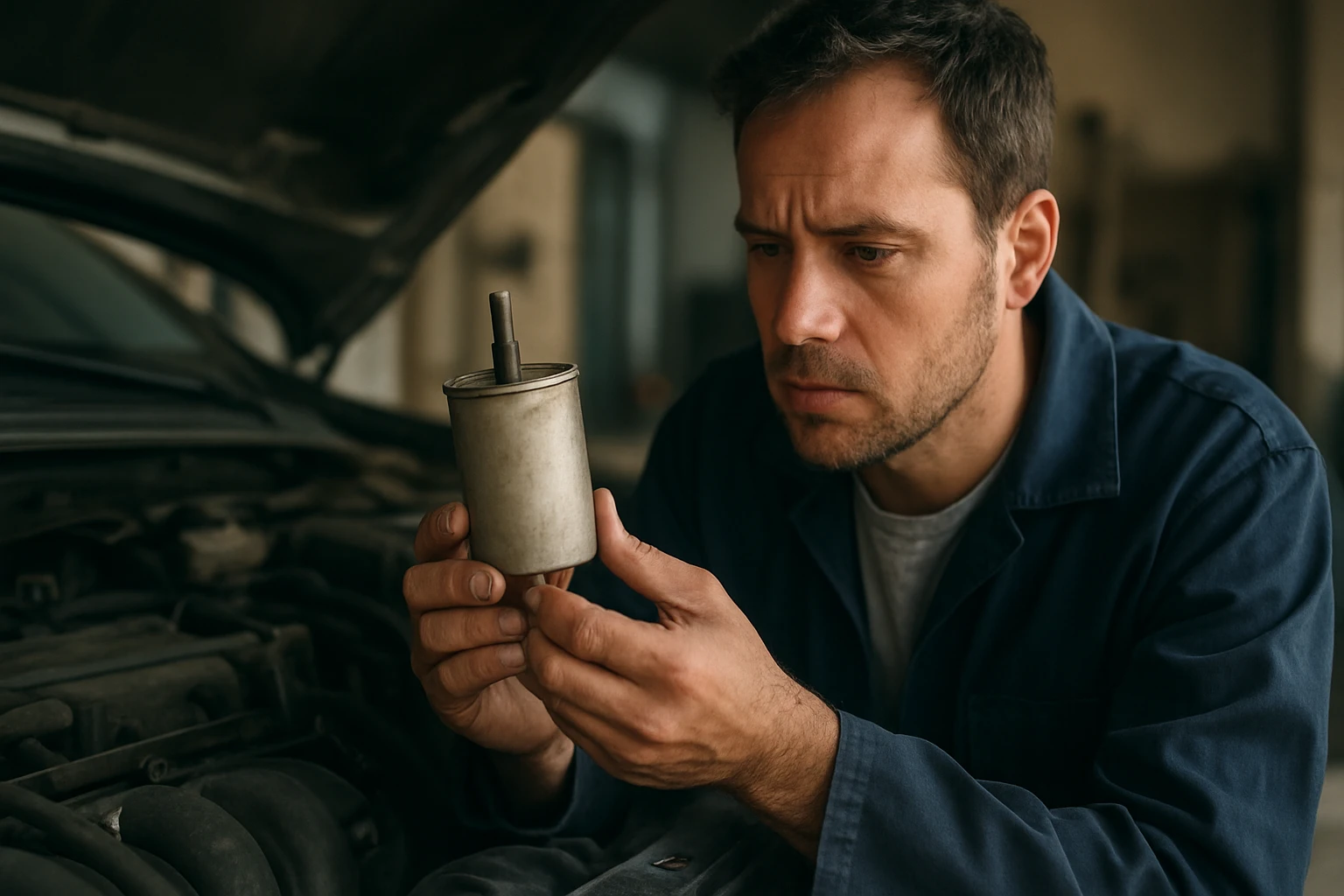 Technik skúma palivový filter pri kontrole automobilu