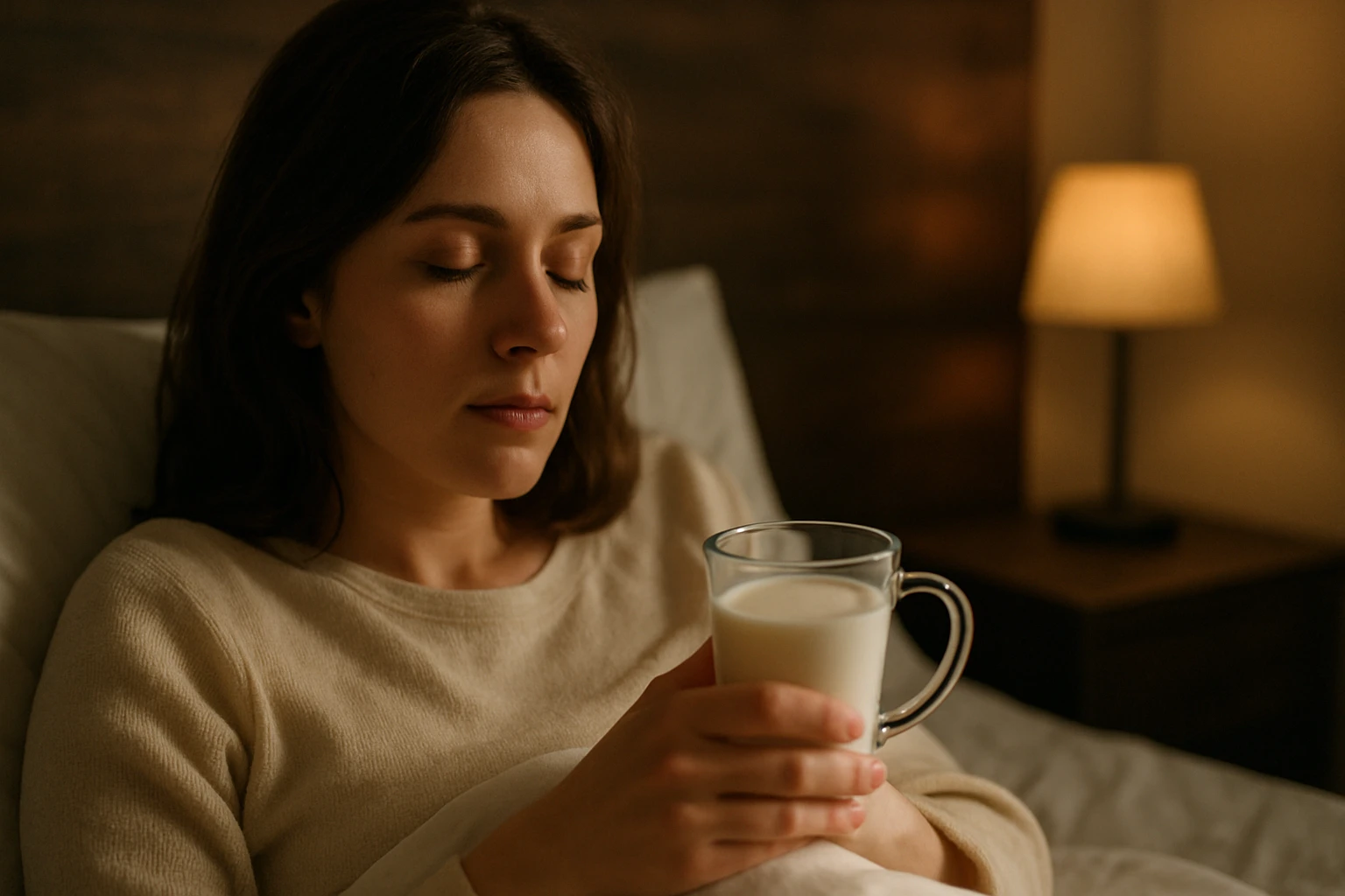 Žena s pohárom teplého mlieka pred spaním.