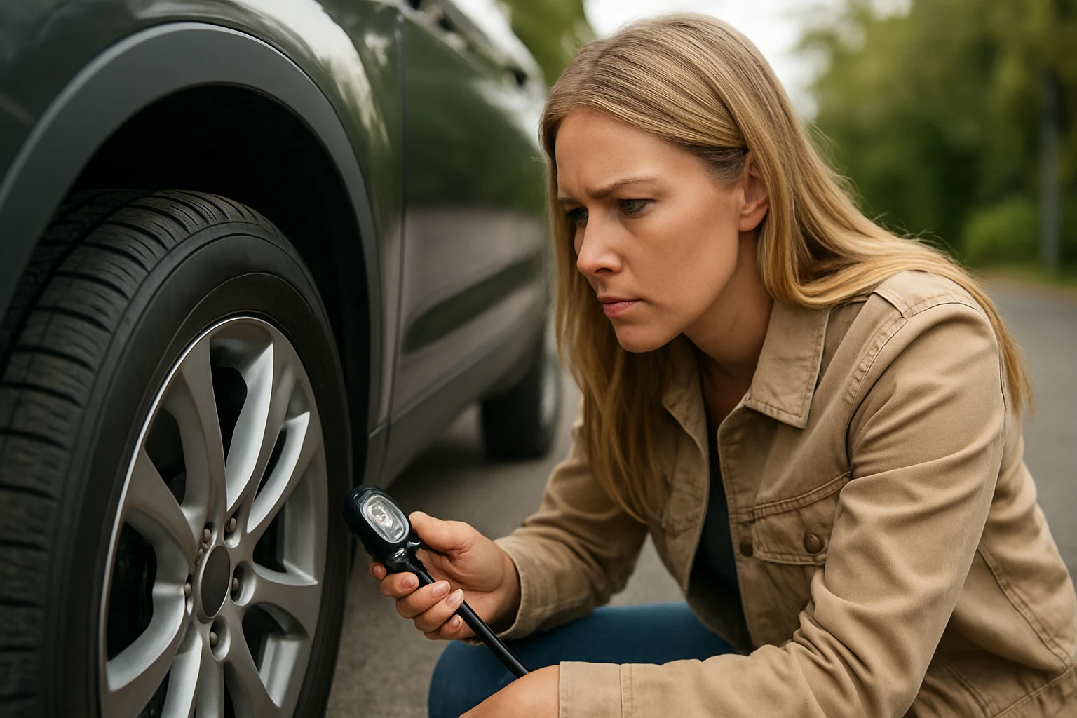 Žena kontroluje tlak v pneumatikách auta pomocou manometra.