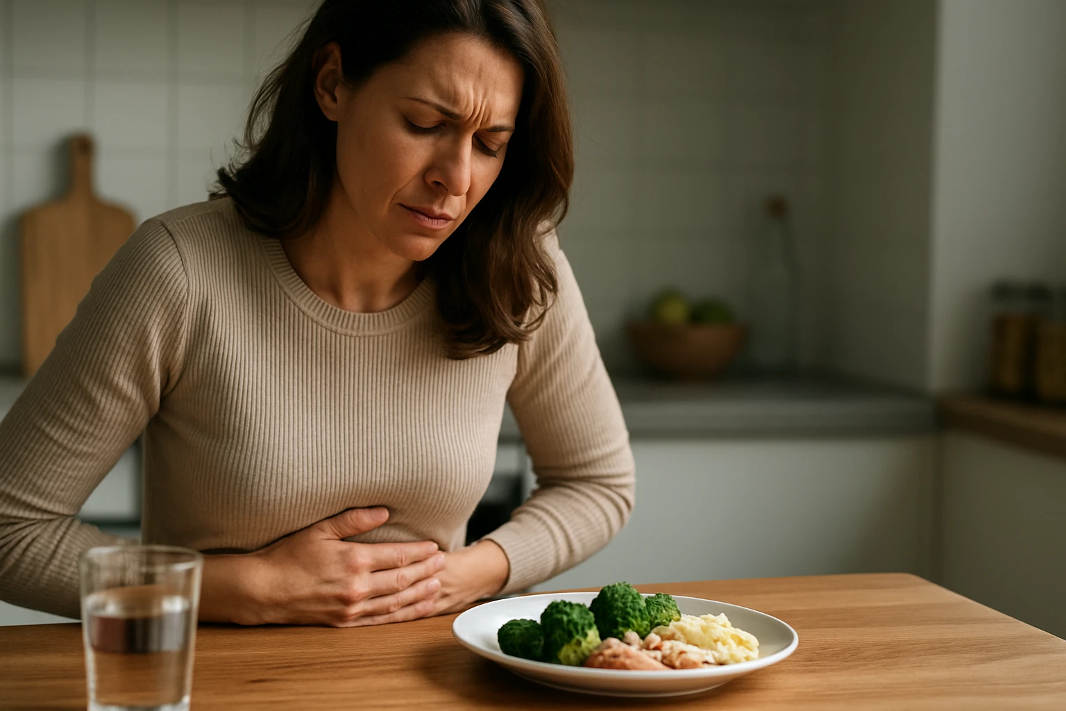 Žena s bolesťami žalúdka sedí pri stole so zeleninou