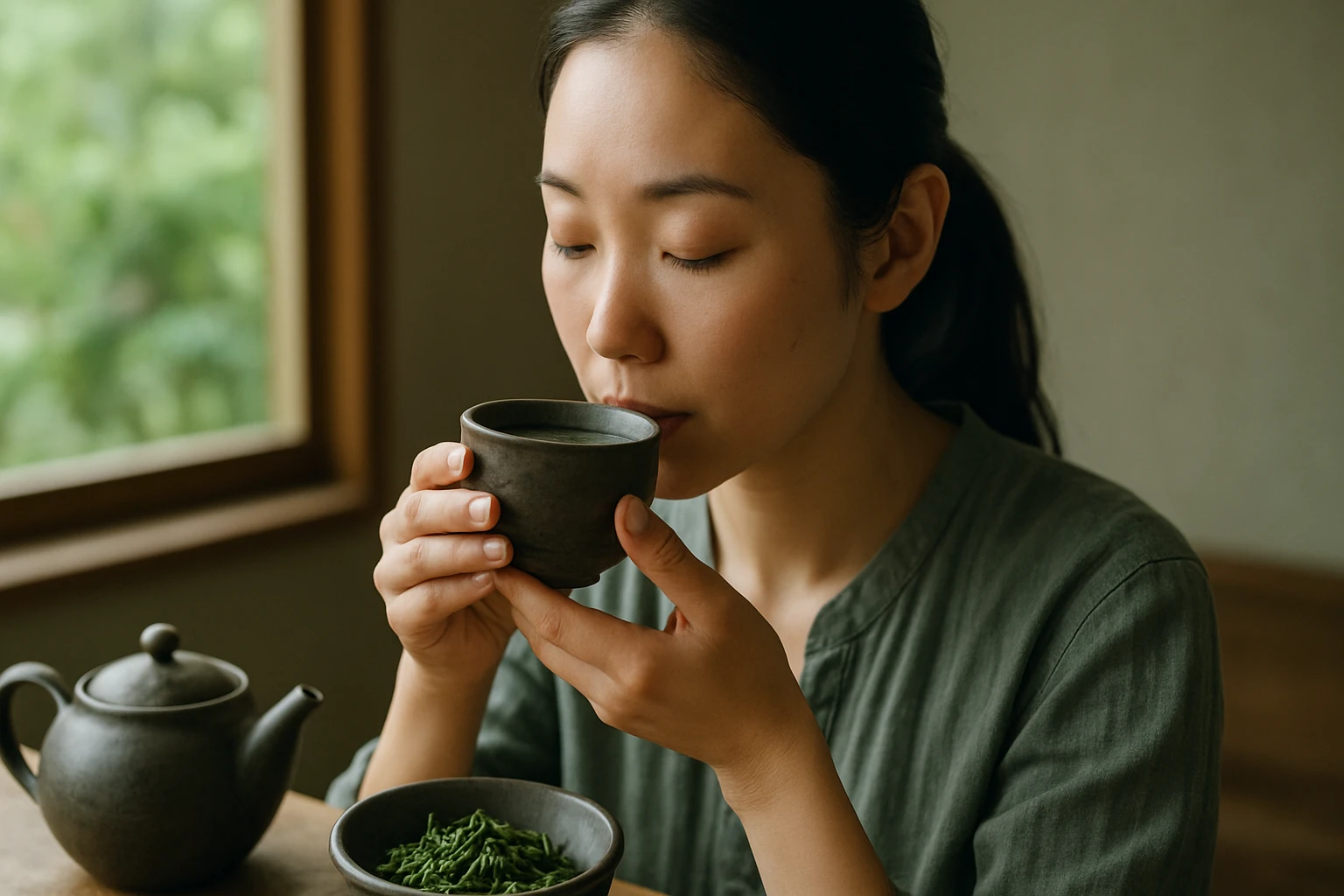 Žena vychutnávajúca si japonský zelený čaj z keramického hrnčeka