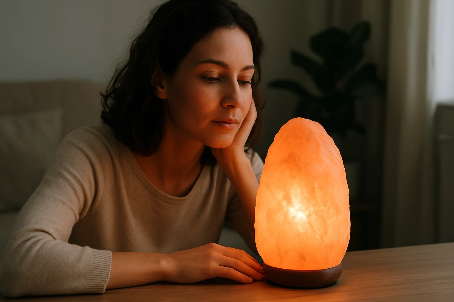 Žena si užíva svetlo kremennej lampy v interiéri.