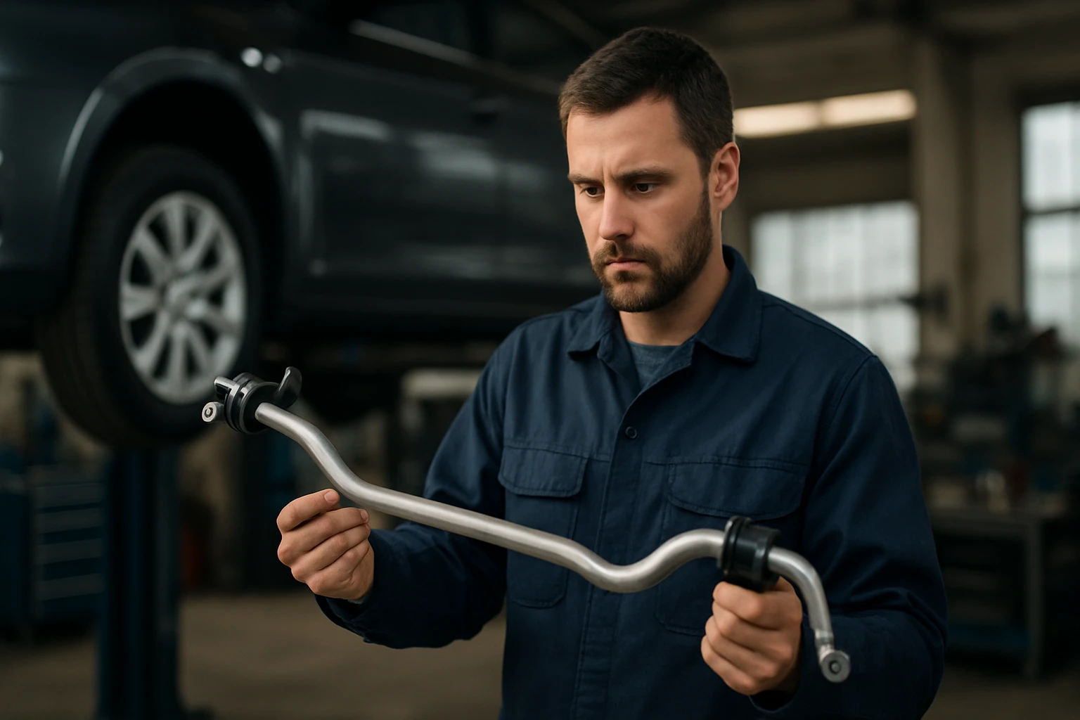 Mechanik kontroluje stabilizátorovú tyč v autoservise.