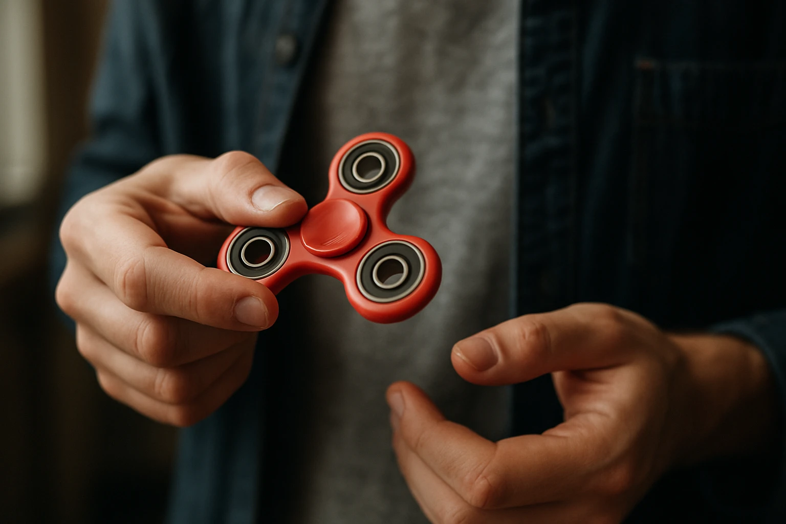 Červený fidget spinner v ruke, symbol zábavy a relaxácie.