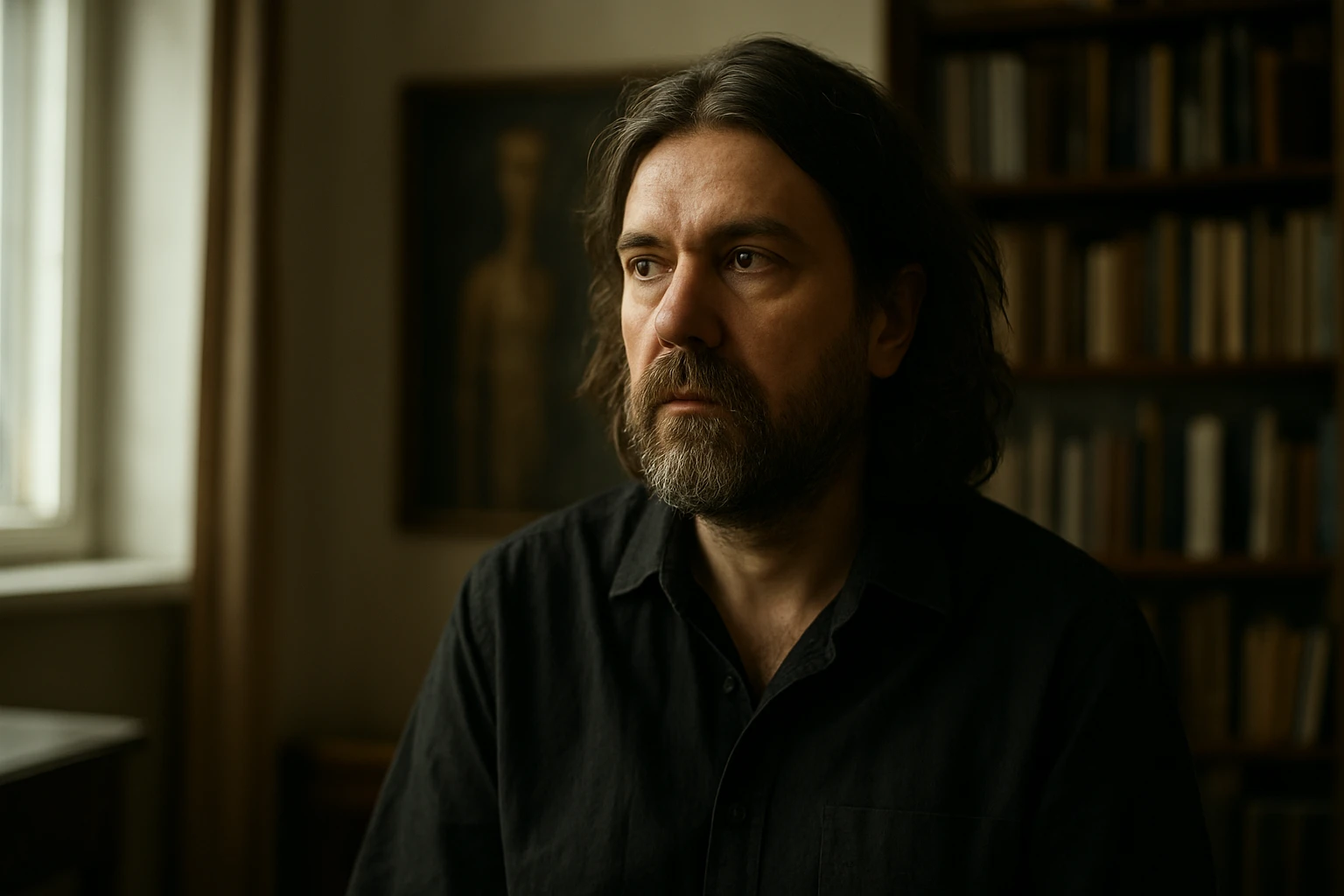 Csaba Poncsa, významná ikona maďarského umenia, zobrazený vo svojom kreatívnom prostredí.