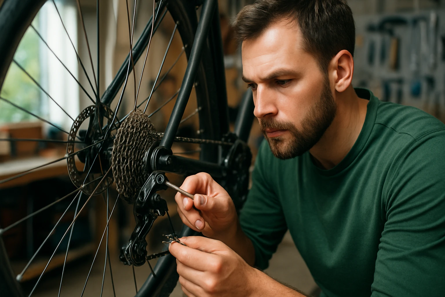 Muži nastavujú bicyklový prehadzovač pre presné radenie.