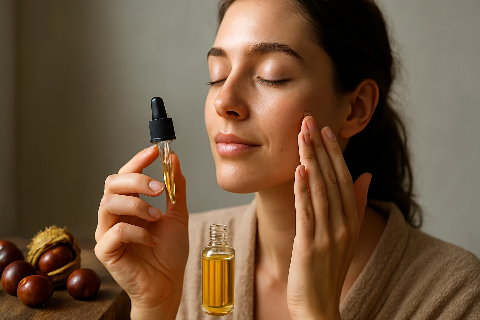 Žena aplikujúca pleťový olej získaný z pagaštanu na tvár.