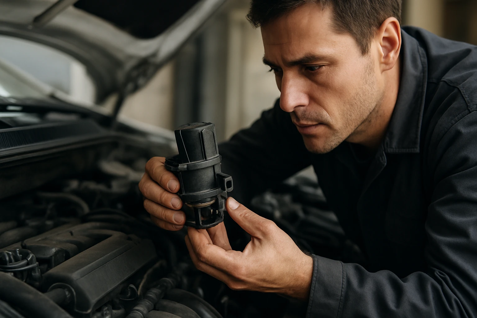 Mechanik kontroluje DISA ventil pri motorovej opravárenskej činnosti.