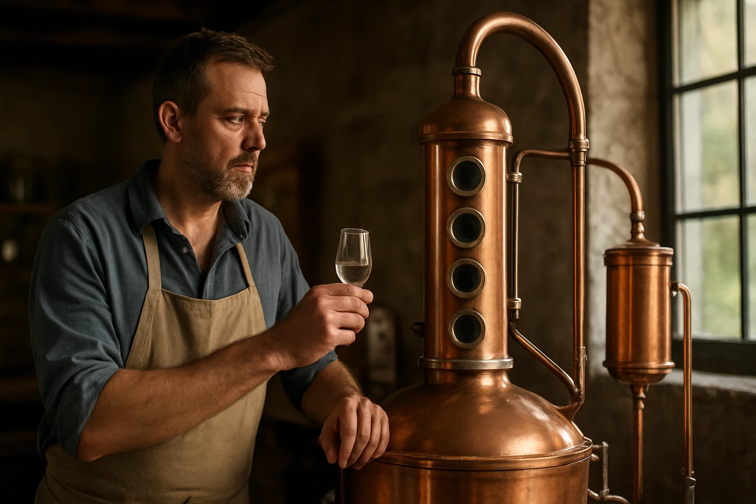 Muž skúma destilát pri aromatickej destilačnej veži.