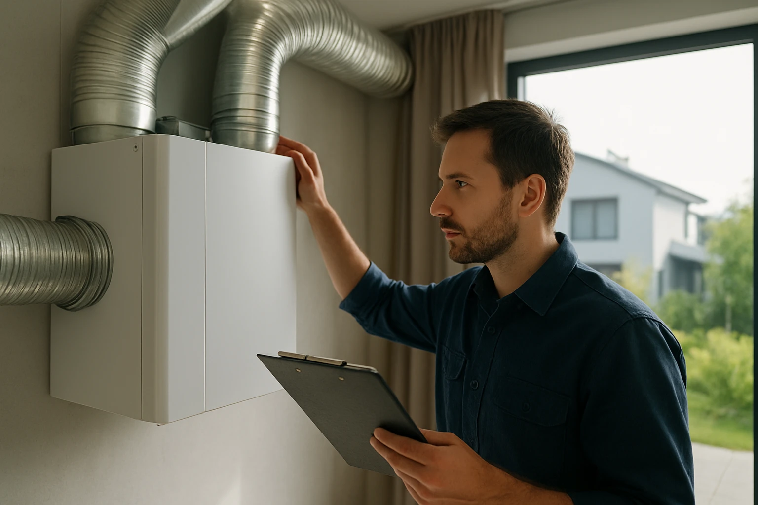 Muž kontroluje automatický ventilačný systém v modernom dome.