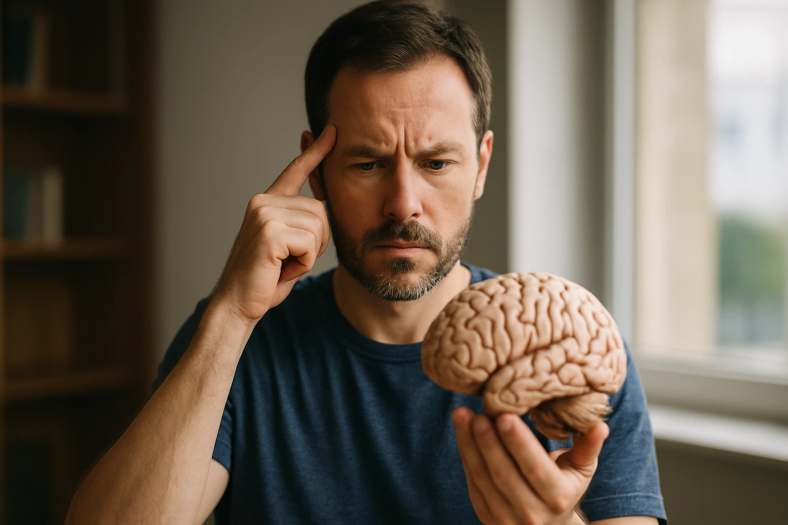 Muž skúma model mužského mozgu v zamyslení