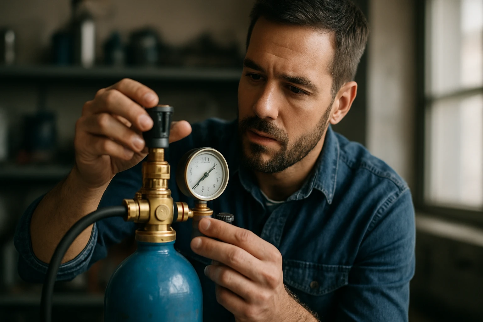 Muž nastavuje tlakový regulátor na fľaši s plynom.