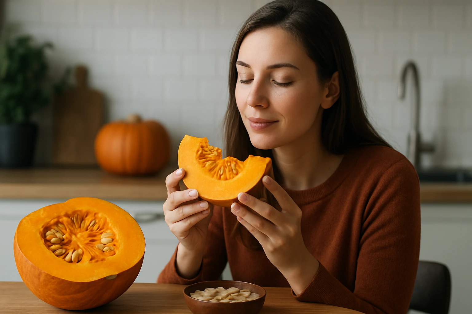 Žena drží kúsok tekvice, objavuje jej zdravotné výhody.