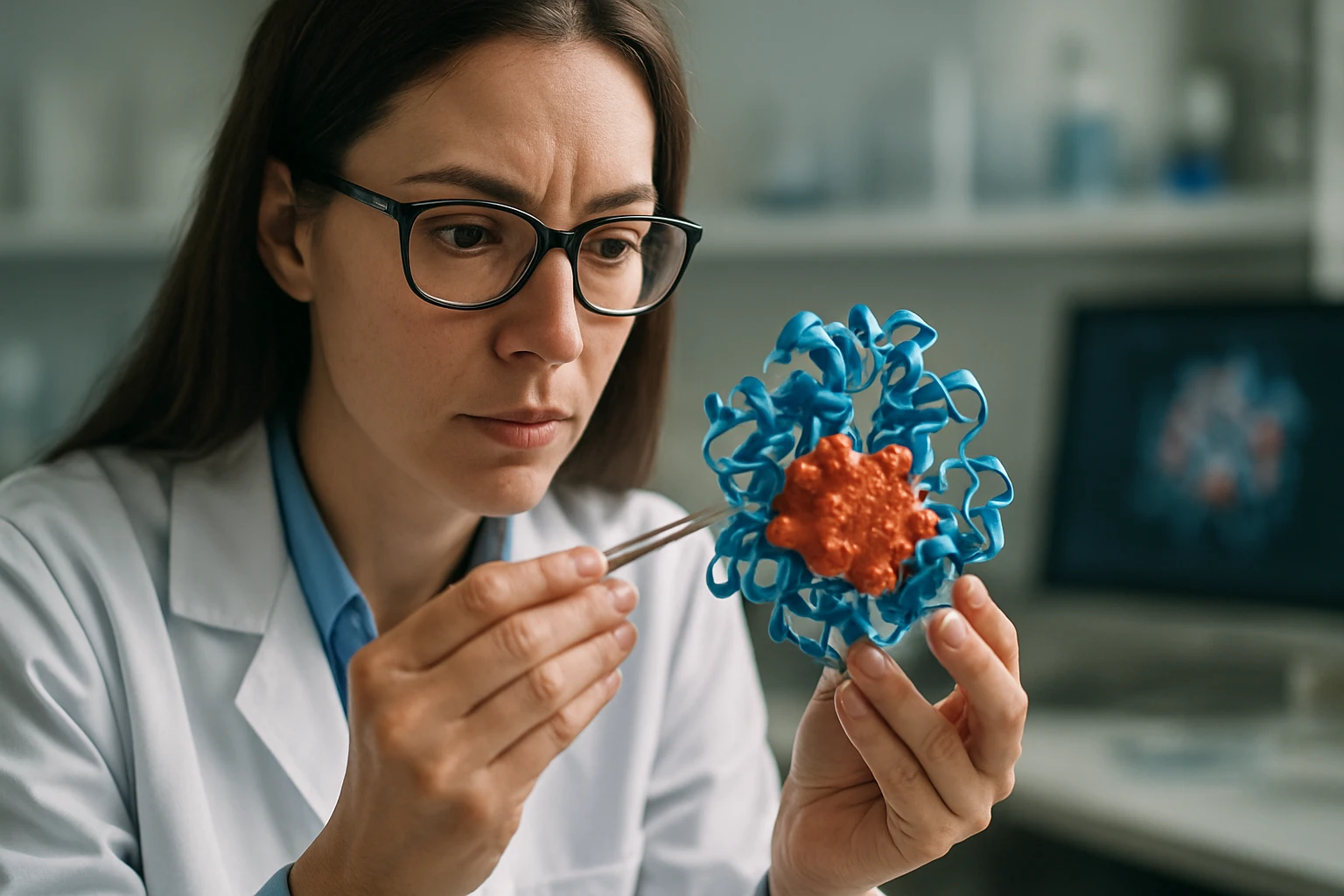 Žena s okuliarmi skúma model enzýmu v laboratóriu.