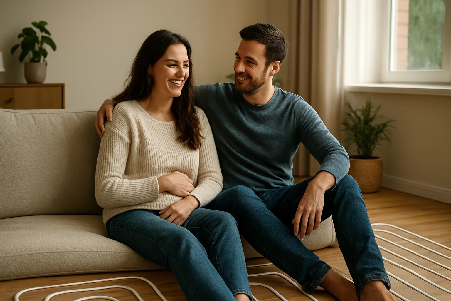 Pár sedí na pohovke v miestnosti s podlahovým kúrením