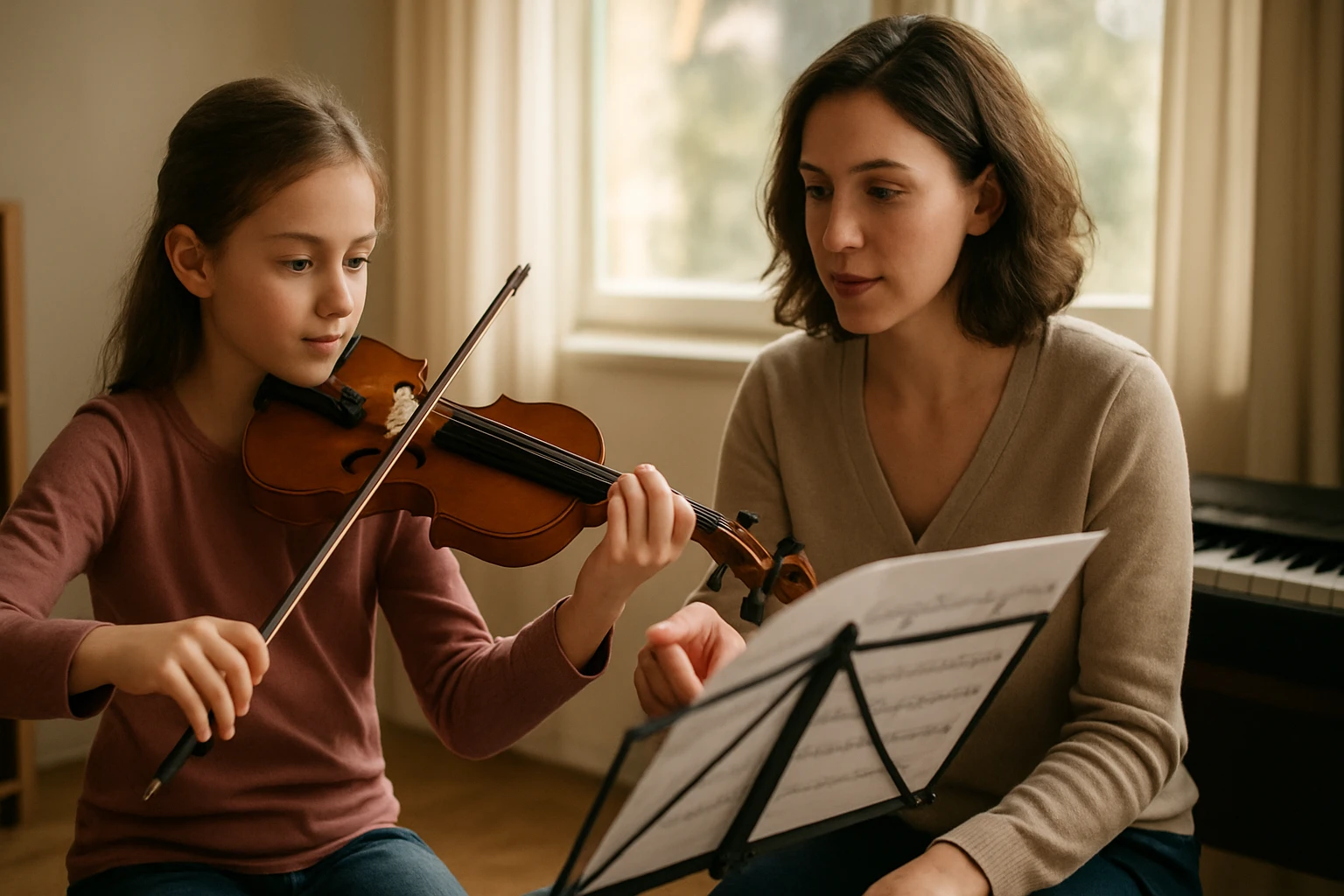 Dievča hrá na husliach so svojou učiteľkou v útulnej miestnosti.