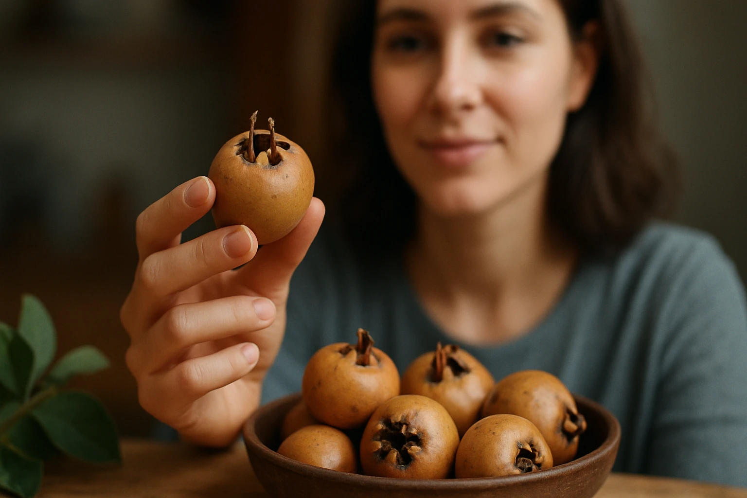 Žena drží mišpulu, zdravý plod bohatý na vitamíny a antioxidanty