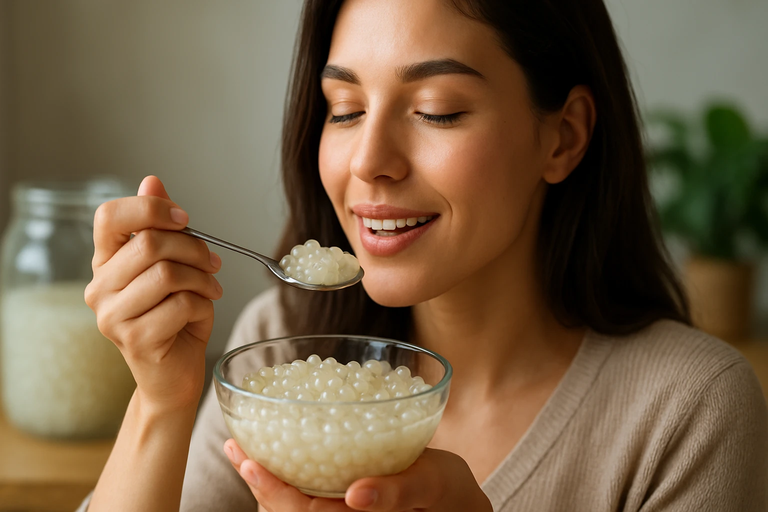 Žena vychutnávajúca tapiokové perly plné zdravia a chuti.
