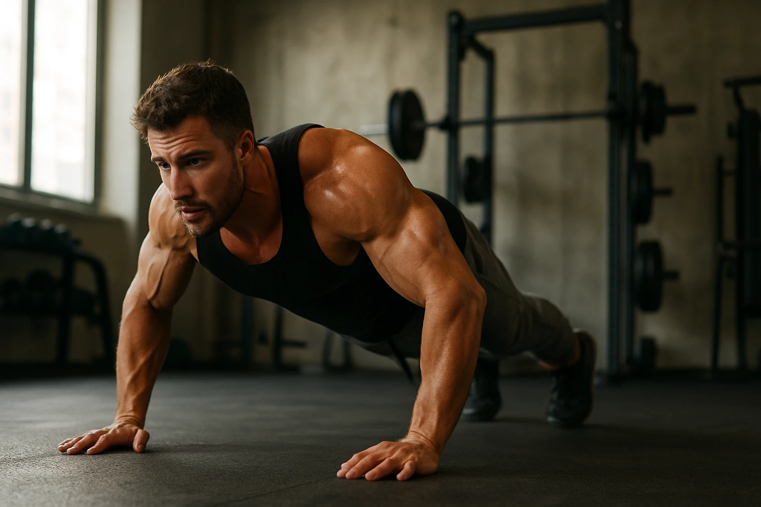 Muž cvičí kľuky v posilňovni, zlepšuje silu a vytrvalosť.