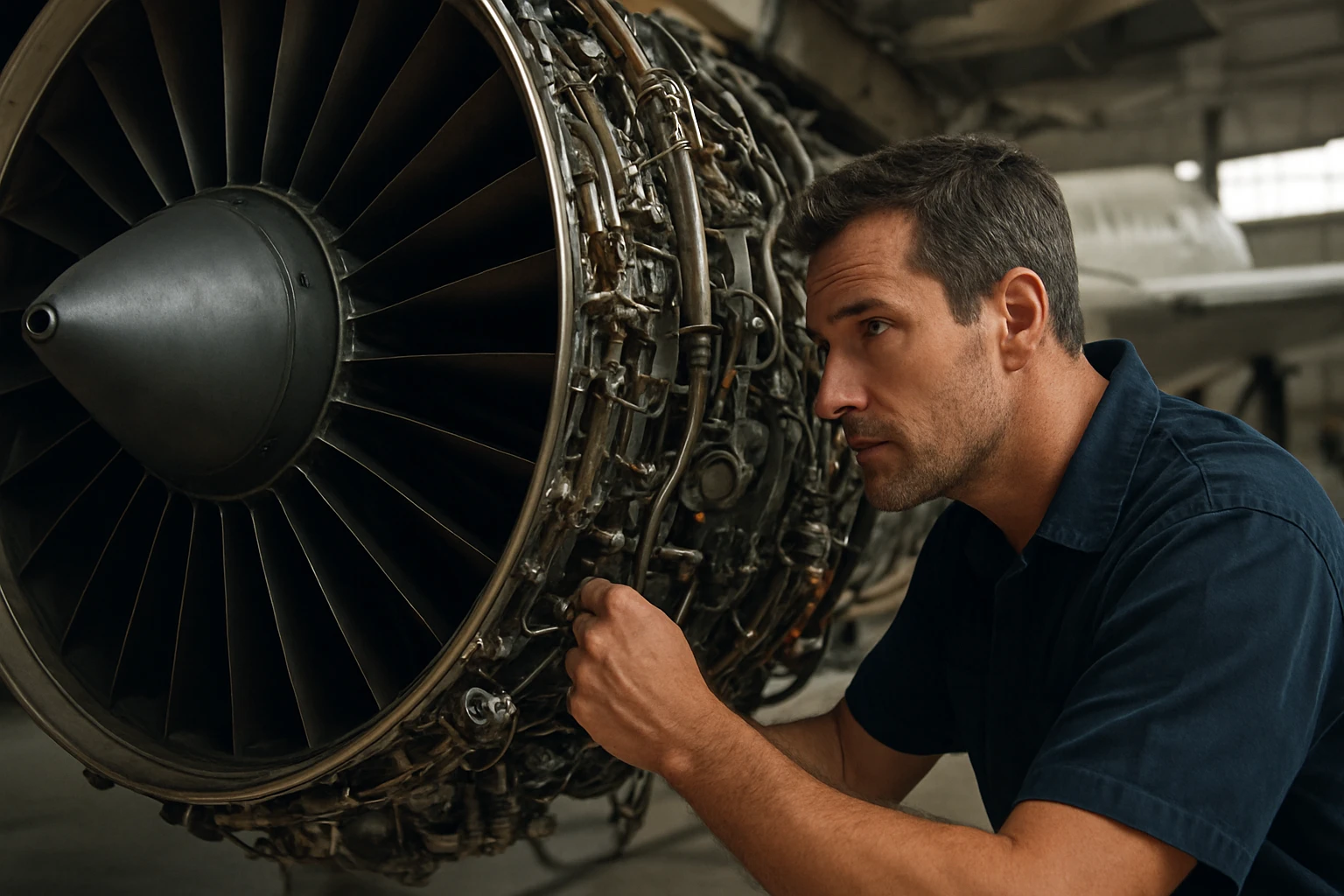 Mechanik kontroluje letecký motor a jeho detailnú konštrukciu.