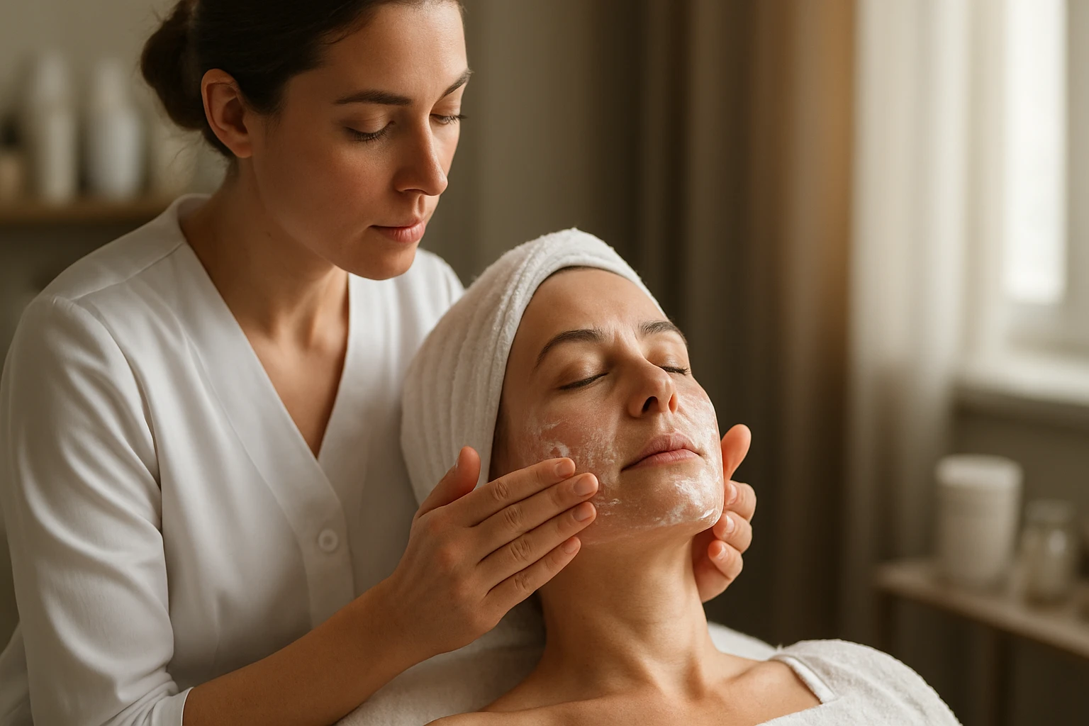 Žena dostáva profesionálnu pleťovú starostlivosť v salóne krásy.