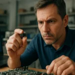 Muž skúma MOSFET tranzistor na doske elektroniky.