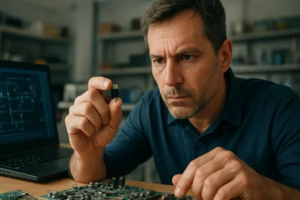 Muž skúma MOSFET tranzistor na doske elektroniky.