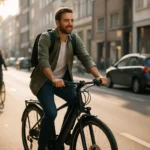 Muž na elektrickom bicykli jazdiaci mestom na slnečnej ulici.