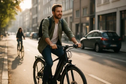 Muž na elektrickom bicykli jazdiaci mestom na slnečnej ulici.