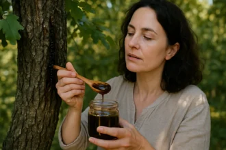 Žena s medovicou v prírode, skúma zdravé sladidlo v sklenenej nádobe.