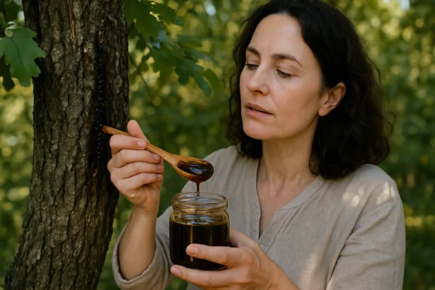 Žena s medovicou v prírode, skúma zdravé sladidlo v sklenenej nádobe.