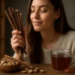 Žena s tyčinkami sladkého drievka a bylinkovým čajom