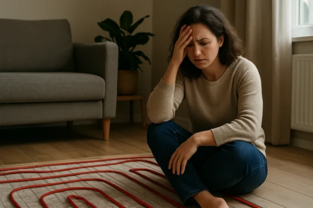 Žena s hlavou v dlaniach, zamyslená nad podlahovým kúrením.