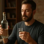 Muž vychutnáva tradičnú pálenku v sklenenej fľaše