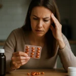 Žena skontroluje doplnky vitamínu A s vážnym výrazom.