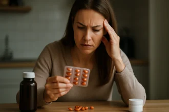 Žena skontroluje doplnky vitamínu A s vážnym výrazom.