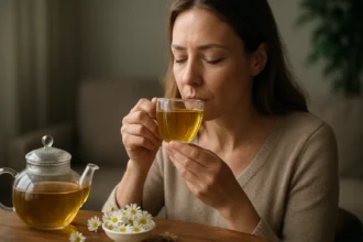 Žena popíja harmančekový čaj z priehľadného hrnčeka.