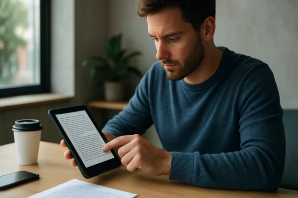 Muž číta elektronickú knihu na e-papieri s kávou vedľa seba.