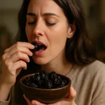 Žena si vychutnáva sušené slivky z misy