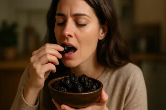 Žena si vychutnáva sušené slivky z misy