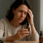 Žena so strachom drží fľašu strieborného koloidu pri stole.