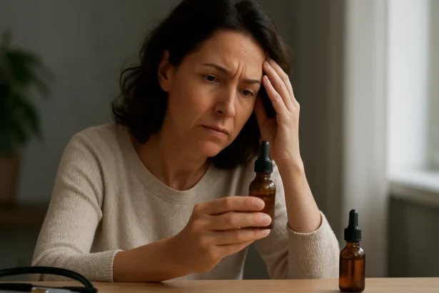 Žena so strachom drží fľašu strieborného koloidu pri stole.