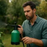 Muži používa ručný postrekovač na záhrade pre efektívne postrekovanie rastlín.