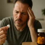 Muž premýšľa o užití aspirínu ako lieku na bolesť.