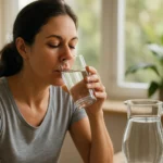 Žena pije liečivú vodu z pohára pri okne.