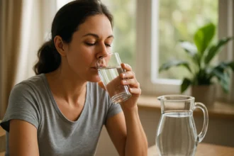 Žena pije liečivú vodu z pohára pri okne.