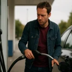 Muž tankuje palivo do auta na čerpacej stanici