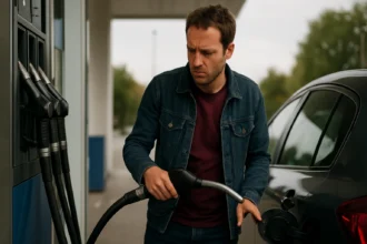 Muž tankuje palivo do auta na čerpacej stanici