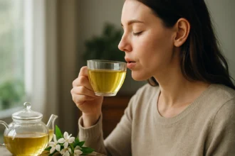 Žena si vychutnáva jazmínový čaj s rozkvitnutými kvetmi jazmínu.