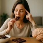 Žena si vychutnáva tmavú čokoládu pri mozgu, symbolizujúcom zdravie a mentálnu aktivitu.